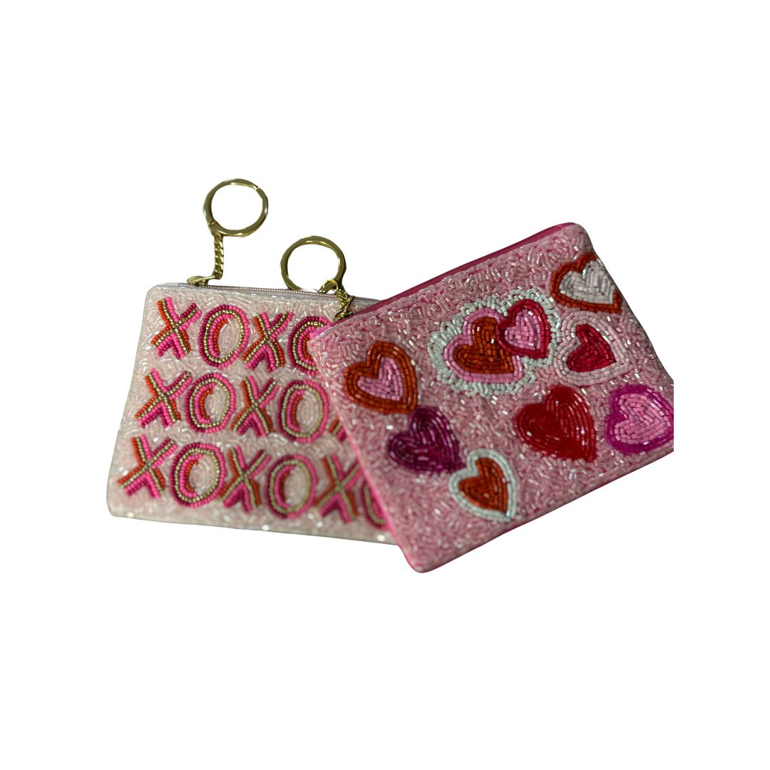 Multi Pink Beaded Stripes with Gold and Ivory Beaded "XOXO" Coin Purse