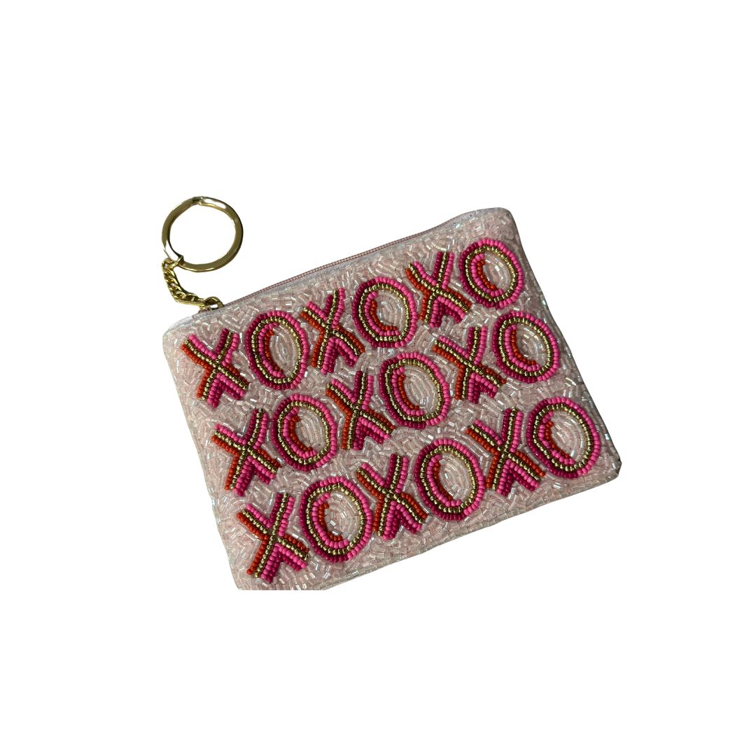 Multi Pink Beaded Stripes with Gold and Ivory Beaded "XOXO" Coin Purse