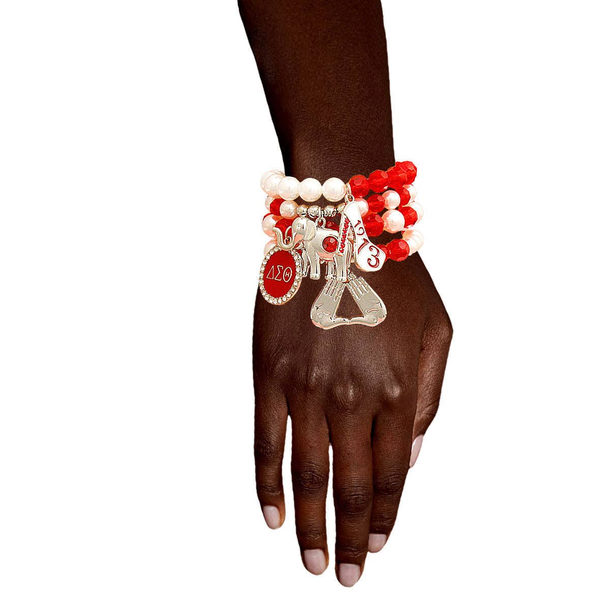 Sorority Inspired  Red White Bead Bracelets: Stretch to Fit / Red / Rhodium