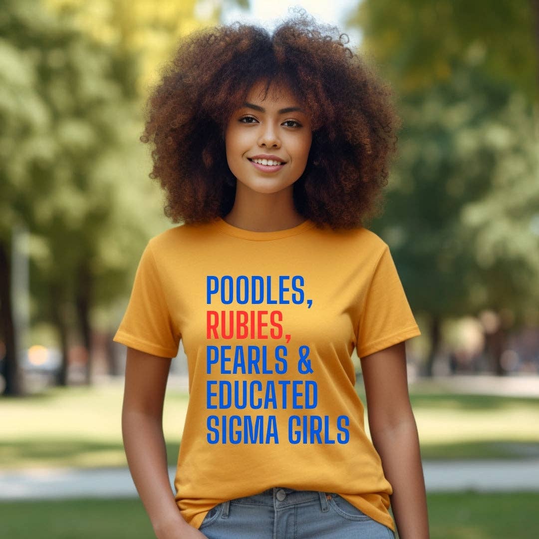 Poodles, Rubies, + Pearls Unisex Sorority Tee • Crew Neck: Gold