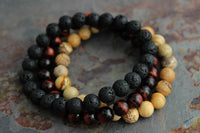 Mens Bracelet Set - Tigers Eye, Sand Jasper w/ Lava or Onyx: 10mm / 3pc with Onyx