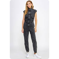 Kyra High Neck Sleeveless Denim Jumpsuit: Denim and Black Denim