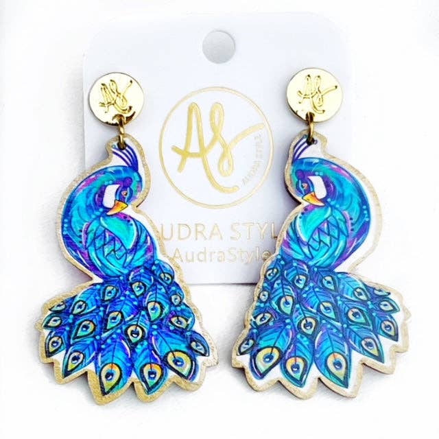 Colorful Statement Peacock Bird Artwork Dangle Earrings