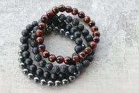 Mens Bracelet Set, Tigers Eye, Hematite, Onyx & Lava Stone: 8mm