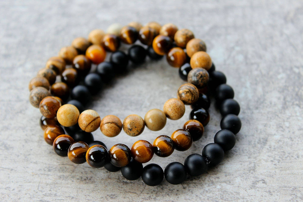 Golden Tigers Eye, Sand Jasper w/ Lava or Onyx - 3pc Set: 10mm / 3pc with Onyx