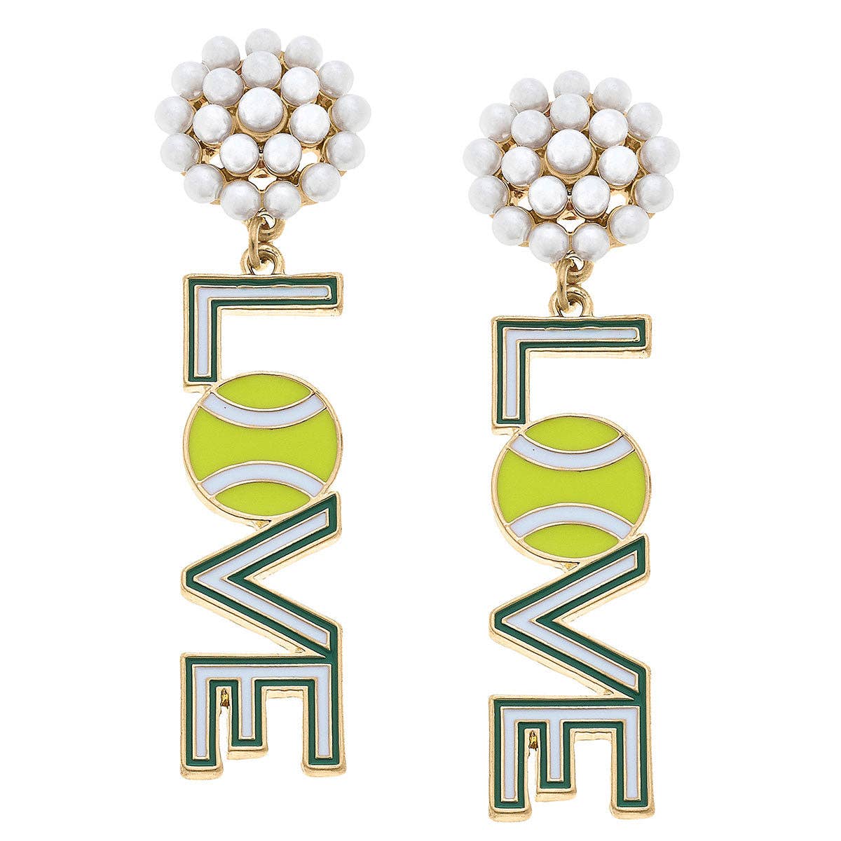 Love Pearl Cluster Enamel Tennis Earrings in Green and White