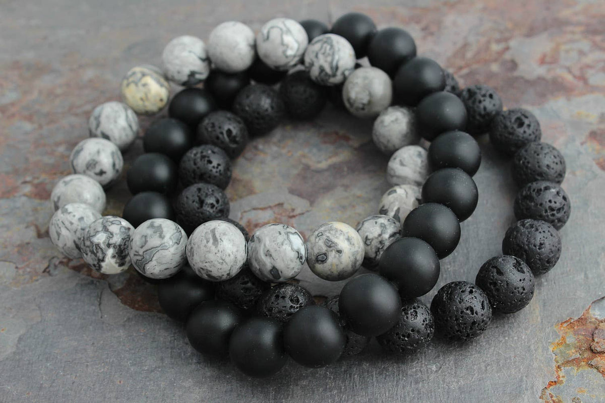 3 pc Mens Bracelet Set - Gray Jasper, Onyx & Lava Stone: 8mm