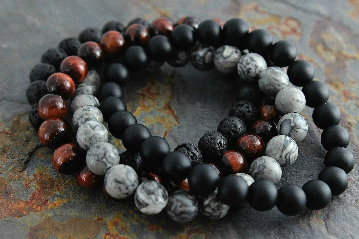 Mens Bracelet Set, Tigers Eye, Gray Jasper, Onyx, Lava Stone: 10mm